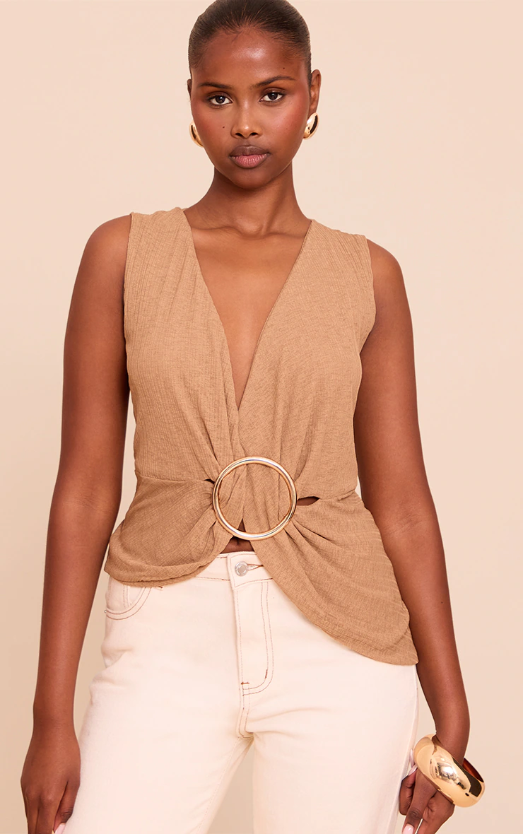 Mushroom Ribbed Onion Skin Trim Detail Plunge Top