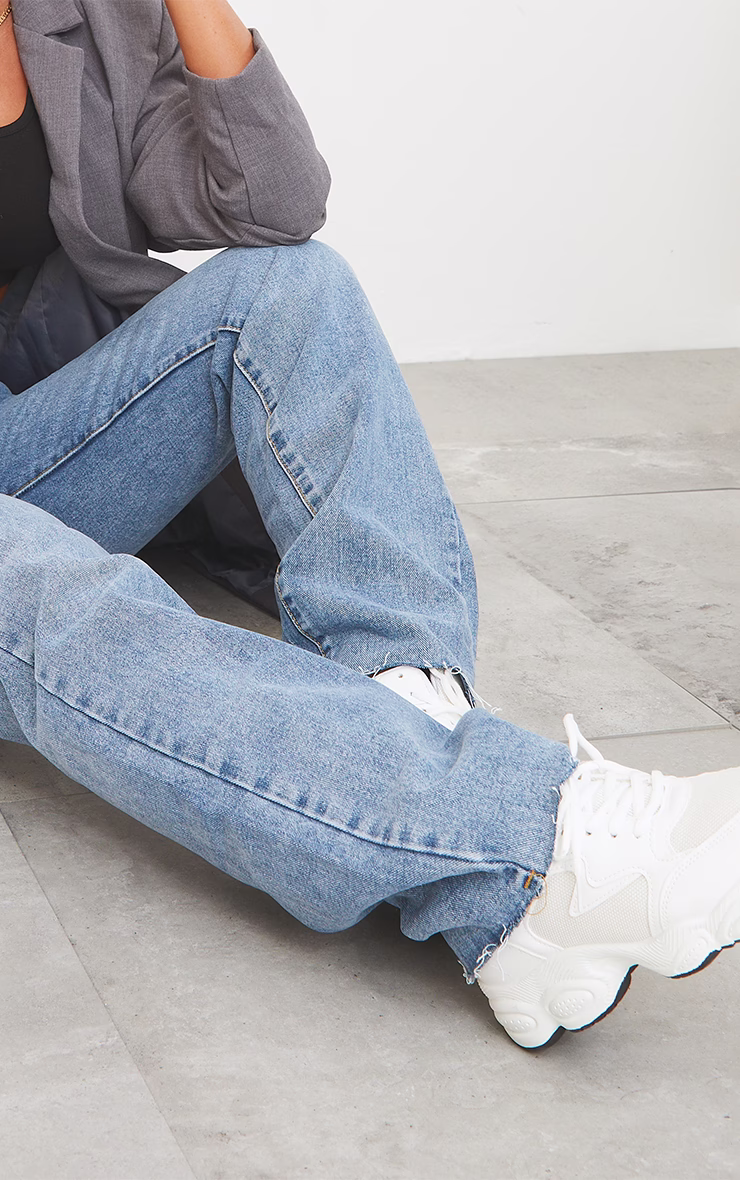 Mid Blue Wash Long Straight Leg Raw Hem Jeans