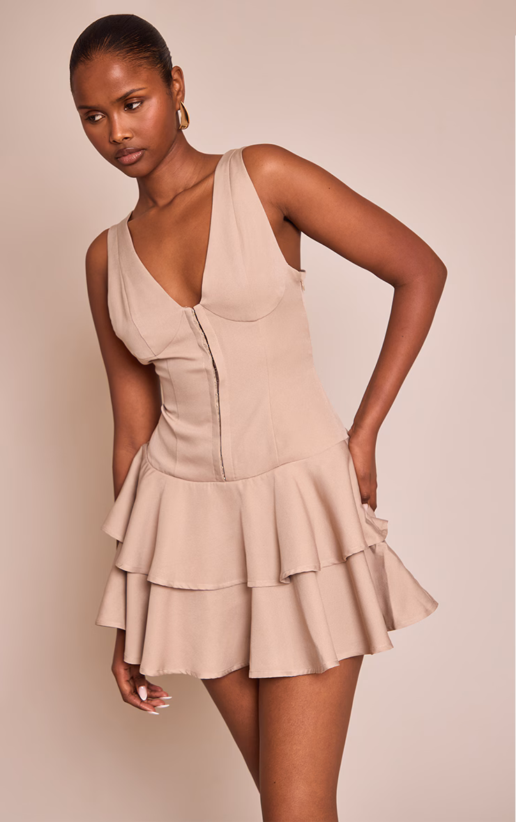 Mushroom Woven Corset Detail Tiered Mini Dress