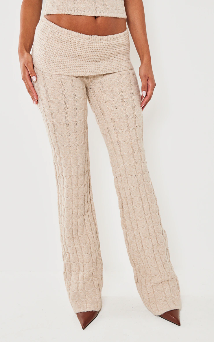 Oatmeal Marl Textured Knit Foldover Wide Leg Pants