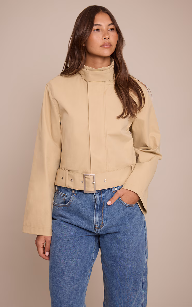 Beige Cropped Belted Biker Jacket