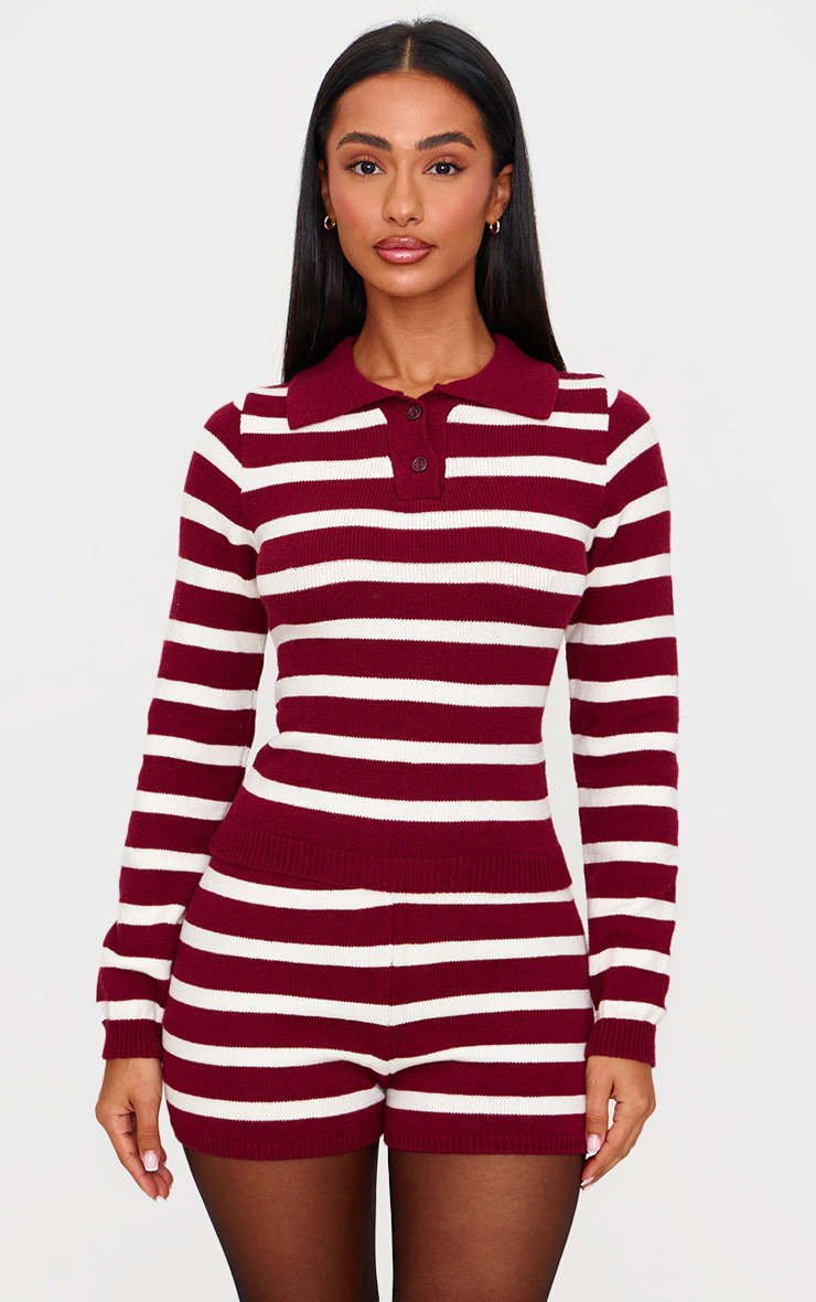 Petite Burgundy Knitted Stripe Hot Pants