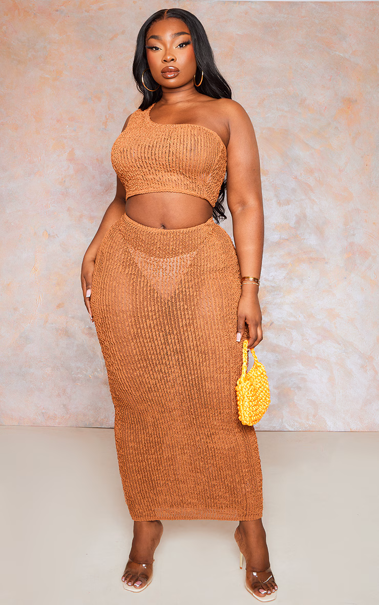 Plus Brown Distressed Knit Midi Skirt