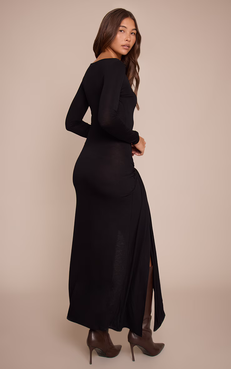 Black Jersey Knot Drape Detail Long Sleeve Maxi Dress