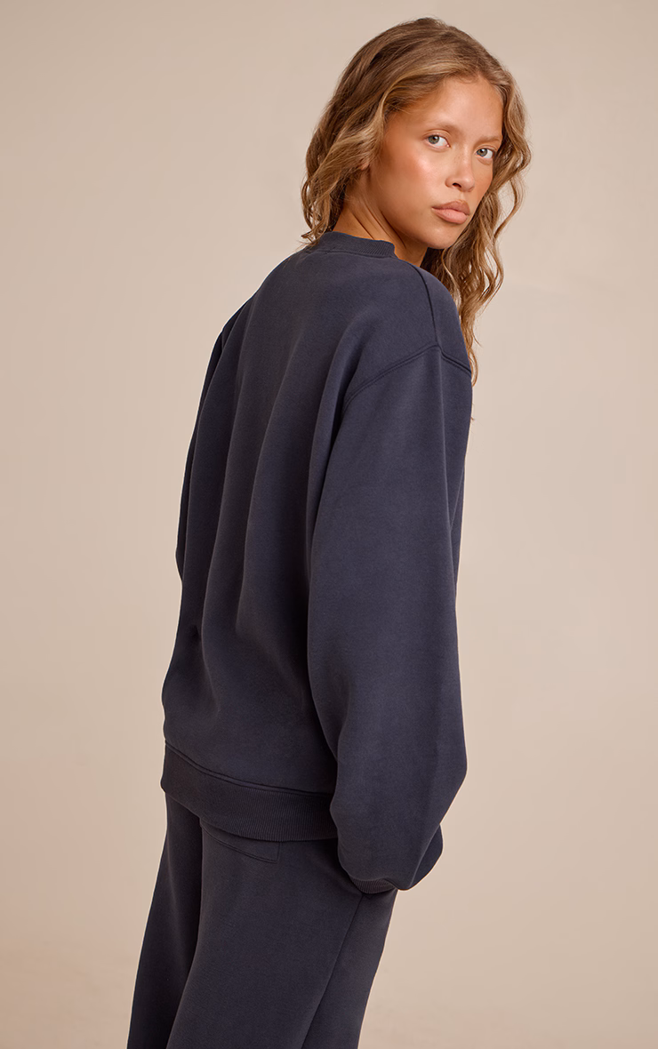 Navy PLT Embroidered Cotton Fleece Oversized Crew Sweatshirt