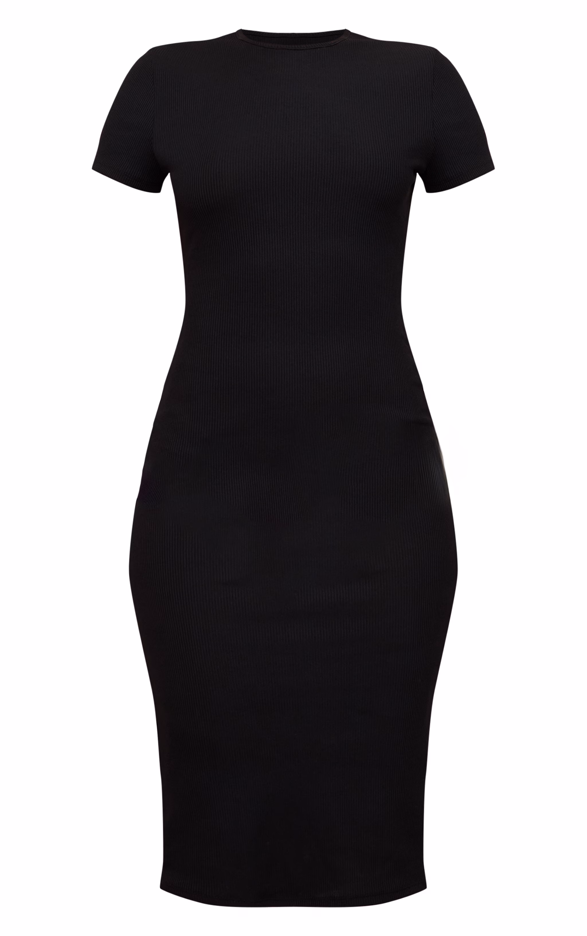 Petite Black Ribbed Short Sleeve Crew Neck Midi Dress
