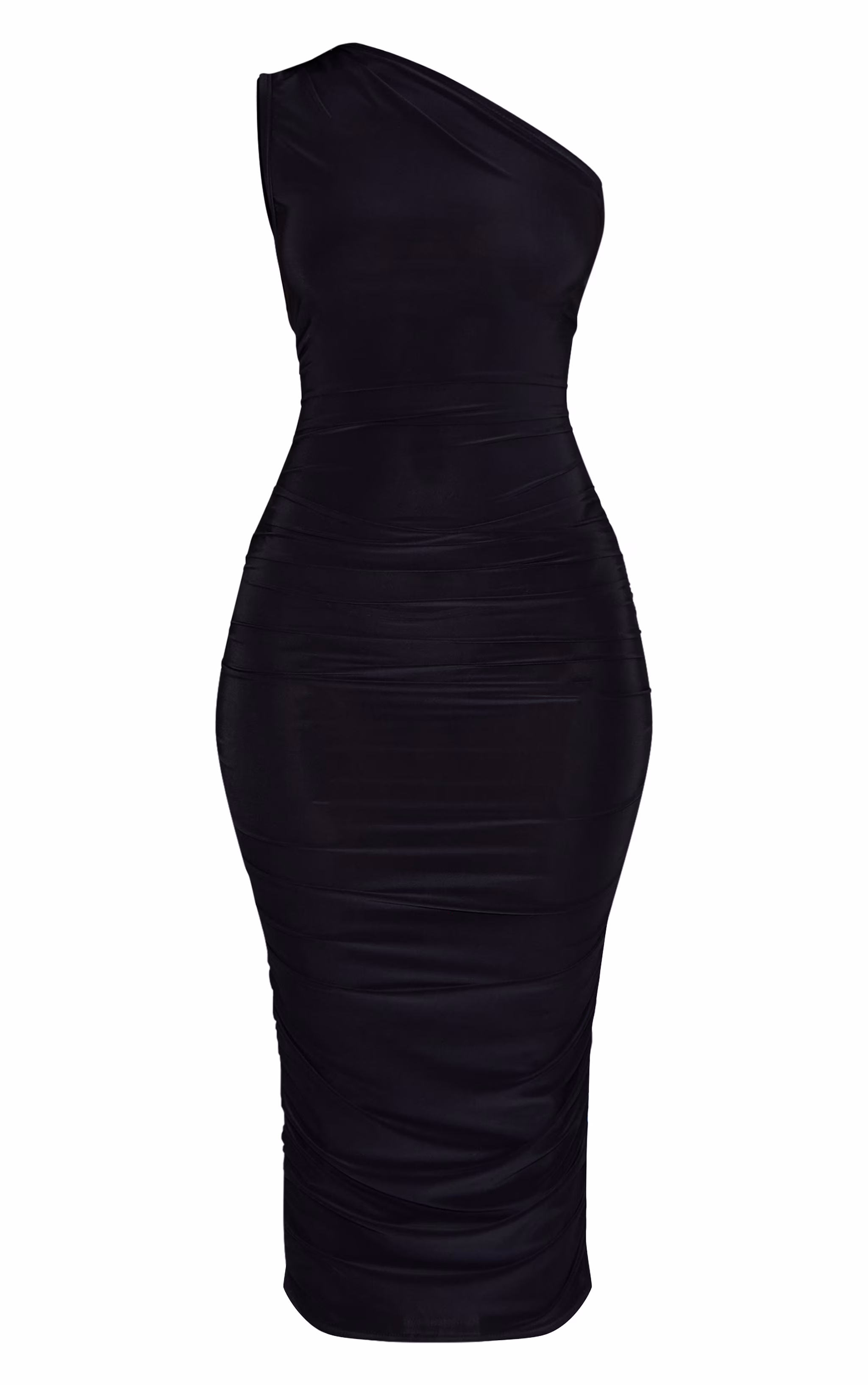 Petite Black Slinky Ruched One Shoulder Midi Dress