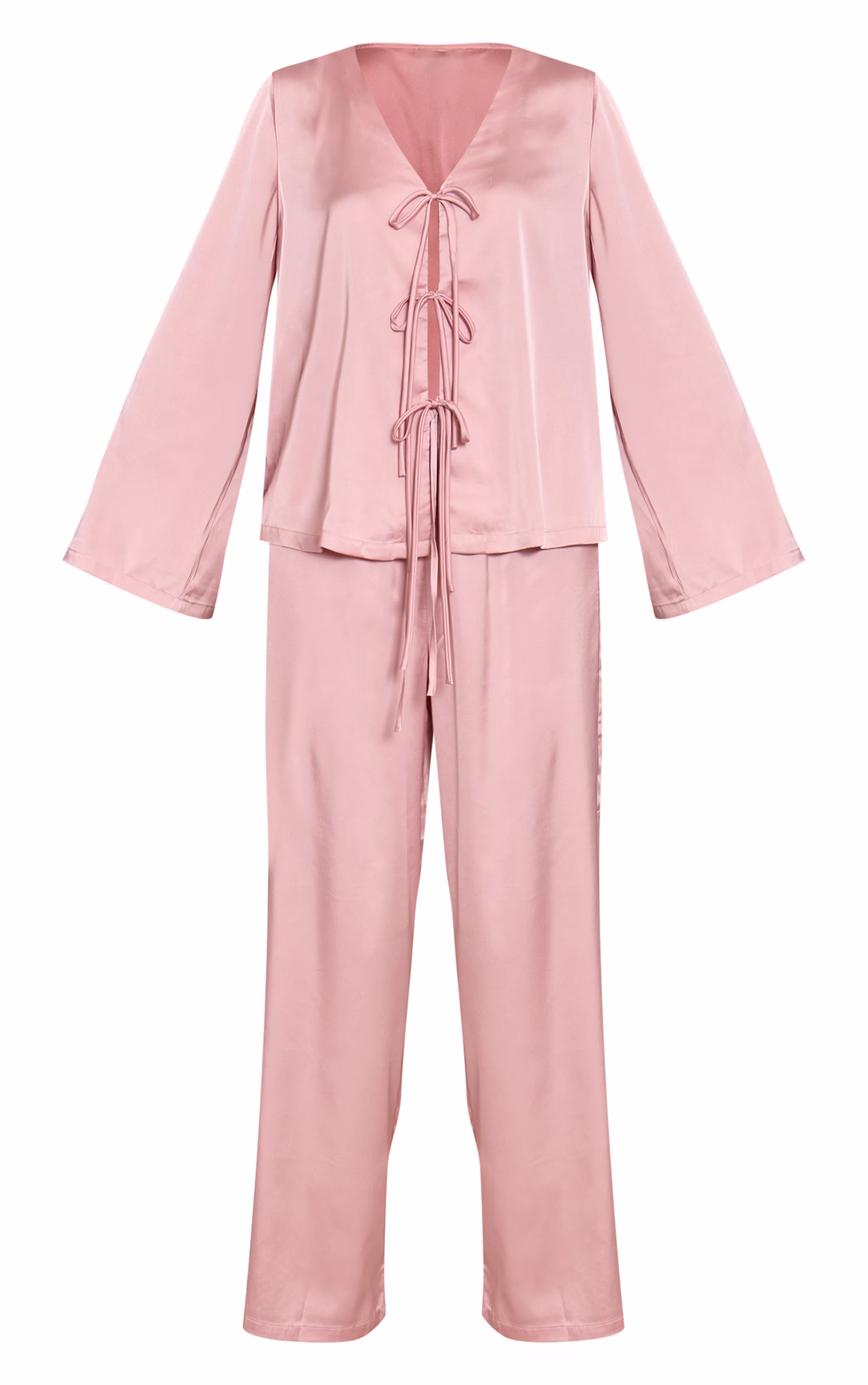 Mauve Satin Tie Front Long Sleeve PJ Set