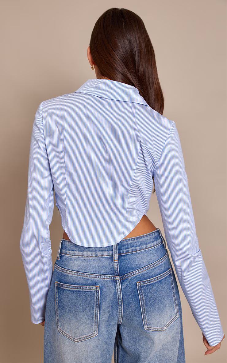 Blue Striped Tie Detail Cropped Shirt