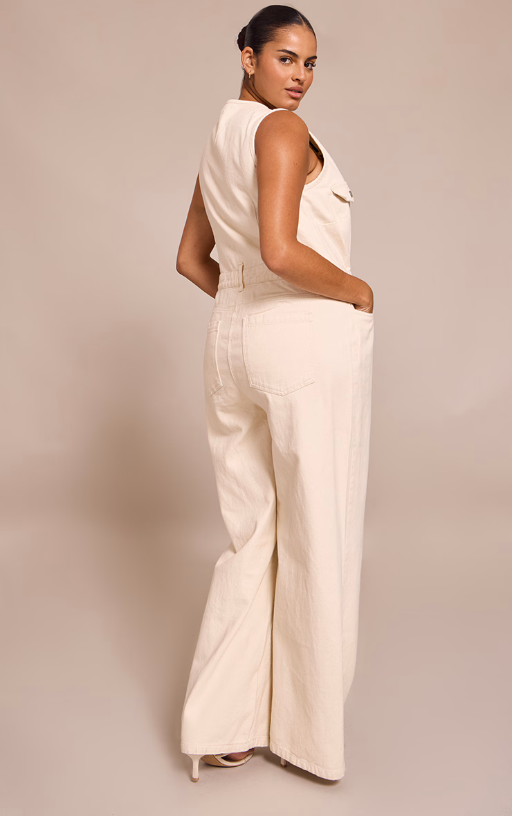 Plus Ecru Sleeveless Shirt Denim Jumpsuit