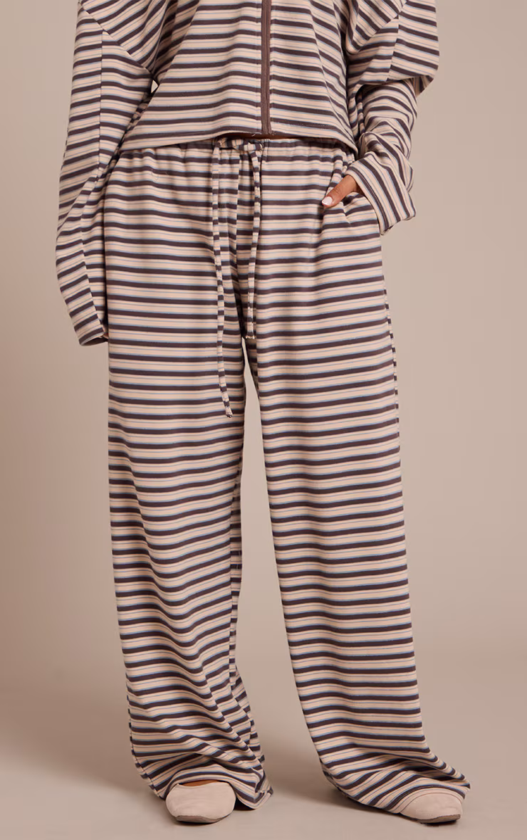 Petite Brown Striped Soft Fleece Straight Leg Sweatpants