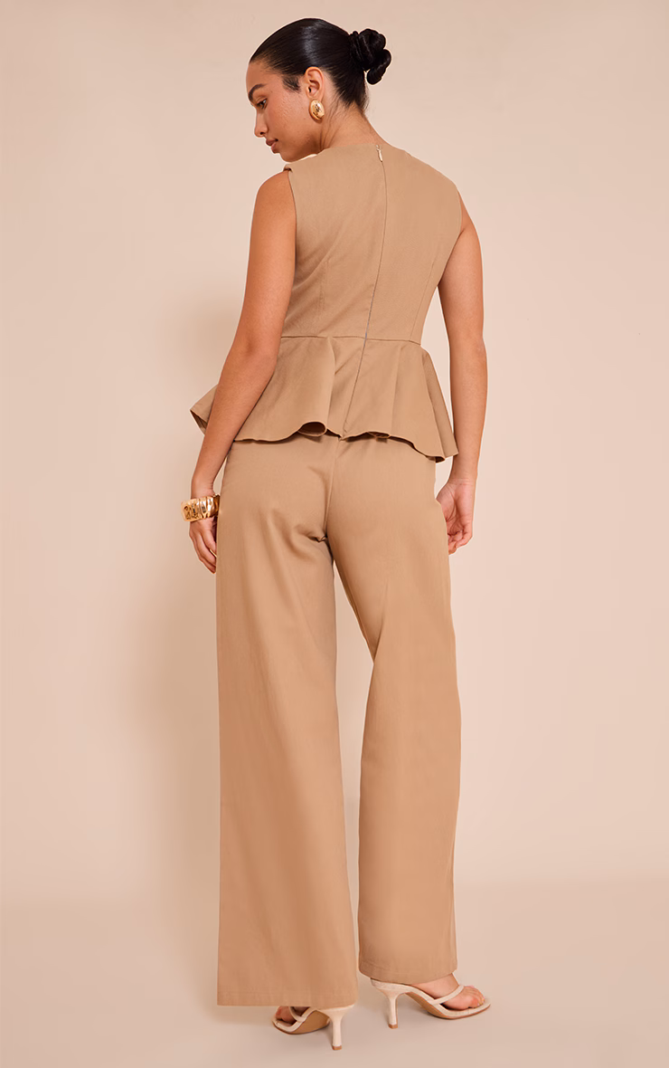 Mocha Cotton Peplum Detail Wide Leg Jumpsuit