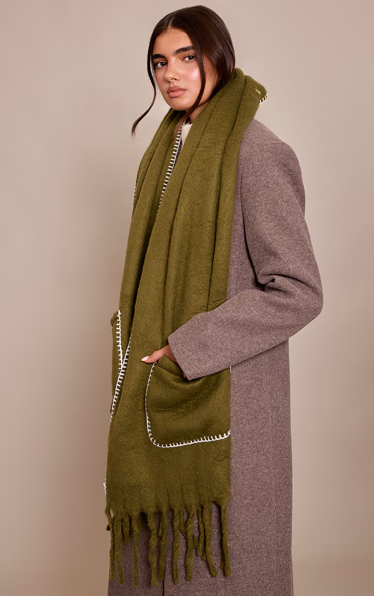 Olive Knit Contrast Pocketed Scarf
