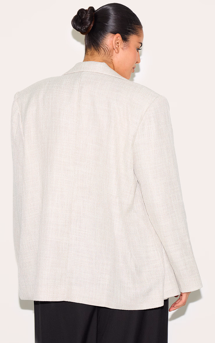 Plus Beige Button Detail Linen Boxy Blazer