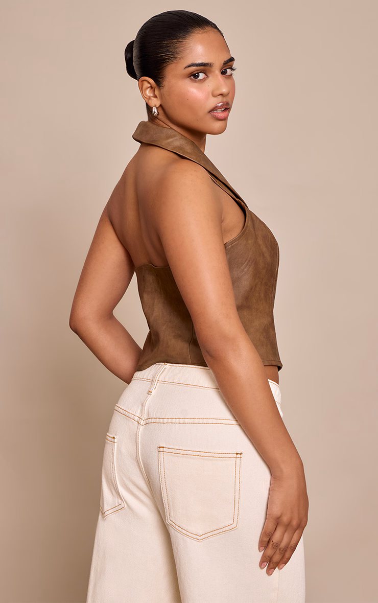 Petite Brown Sleeveless Faux Leather Vest
