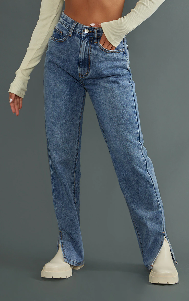 Petite Mid Blue Wash Split Hem Jeans