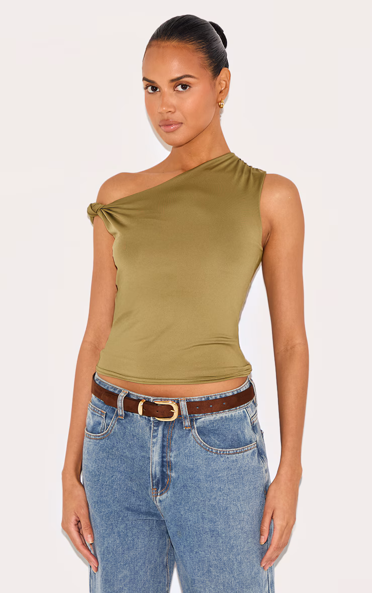 Olive Slinky Knot Strap Detail Long Top