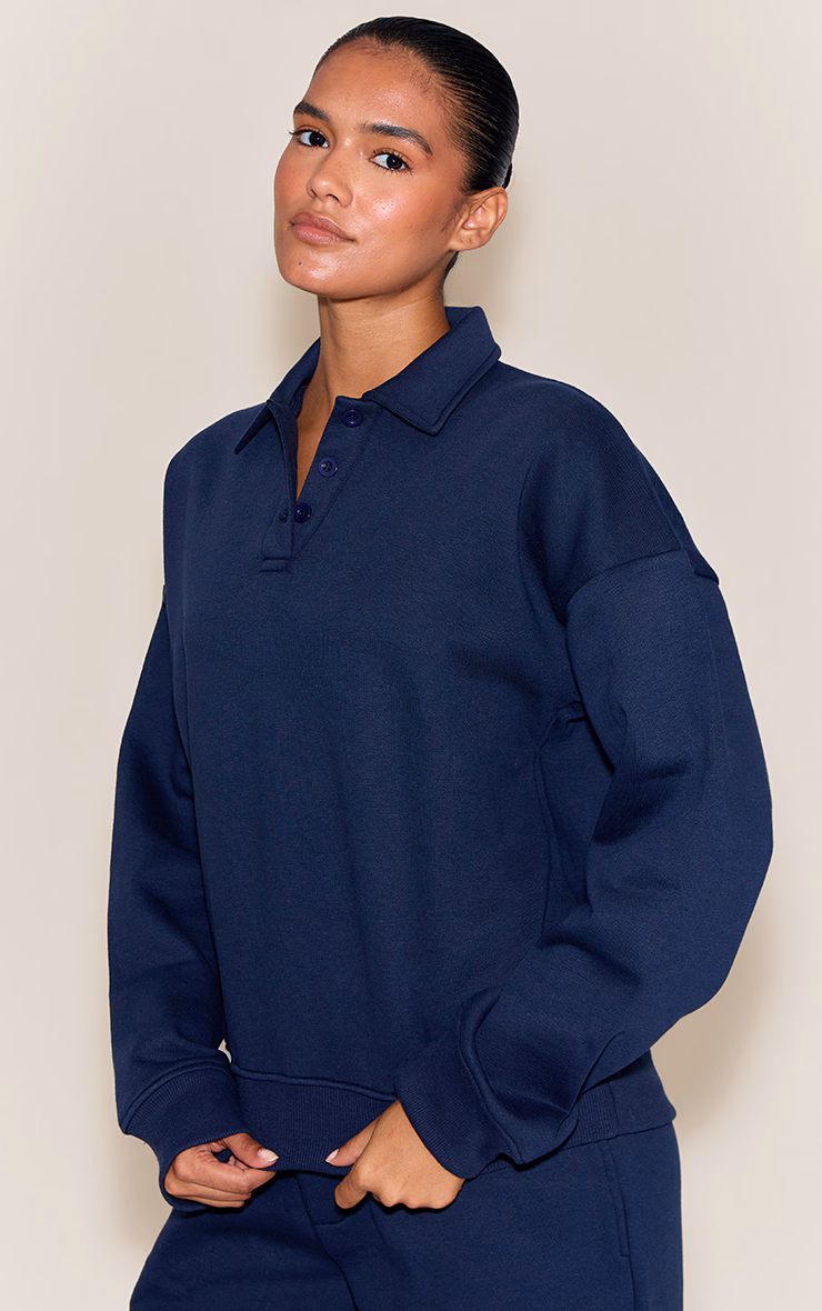 Navy Button Up Long Sleeve Polo Sweatshirt