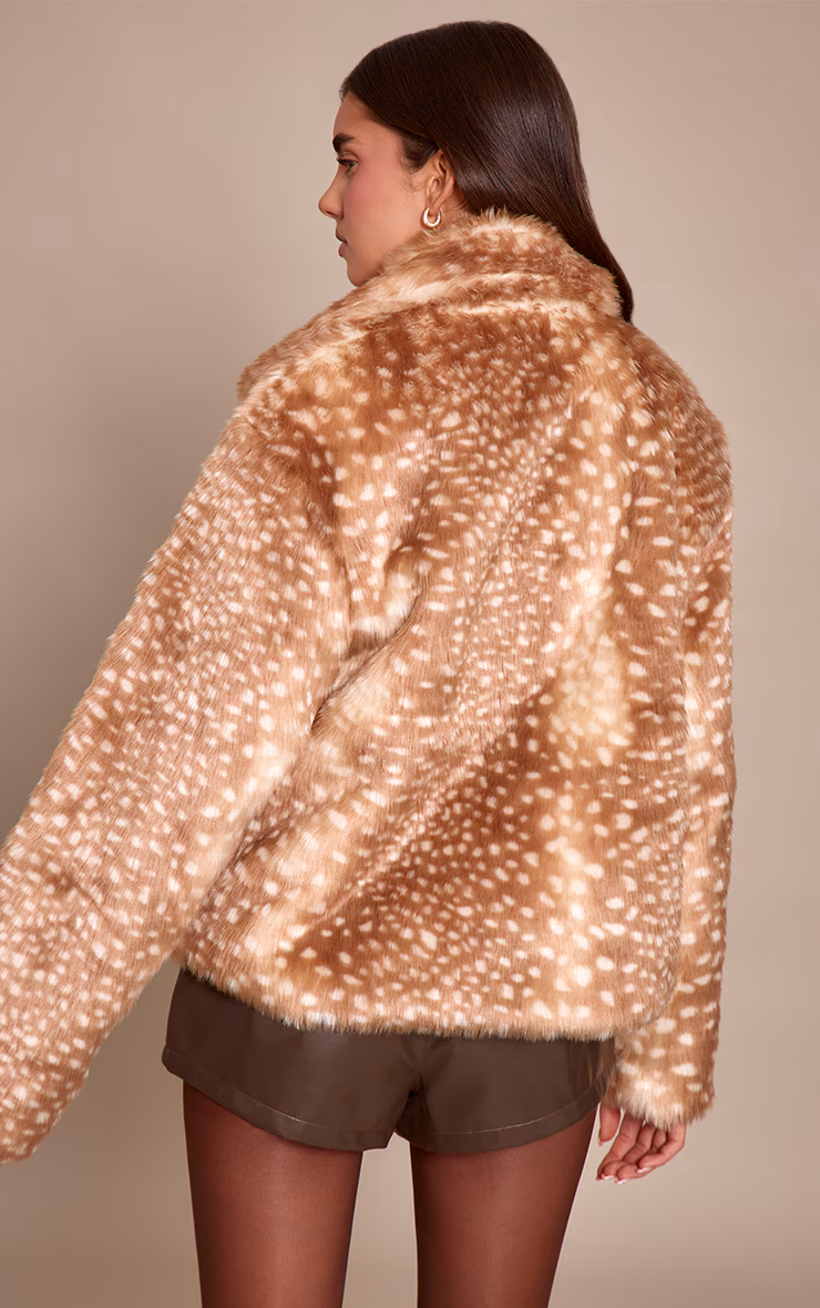 Brown Deer Print Faux Fur Coat