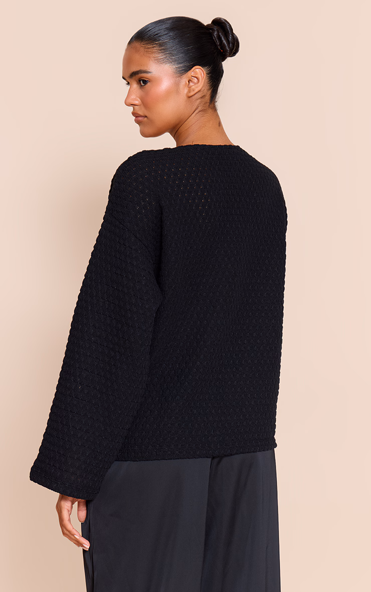 Black Textured Trim Detail Oversized Long Sleeve Top