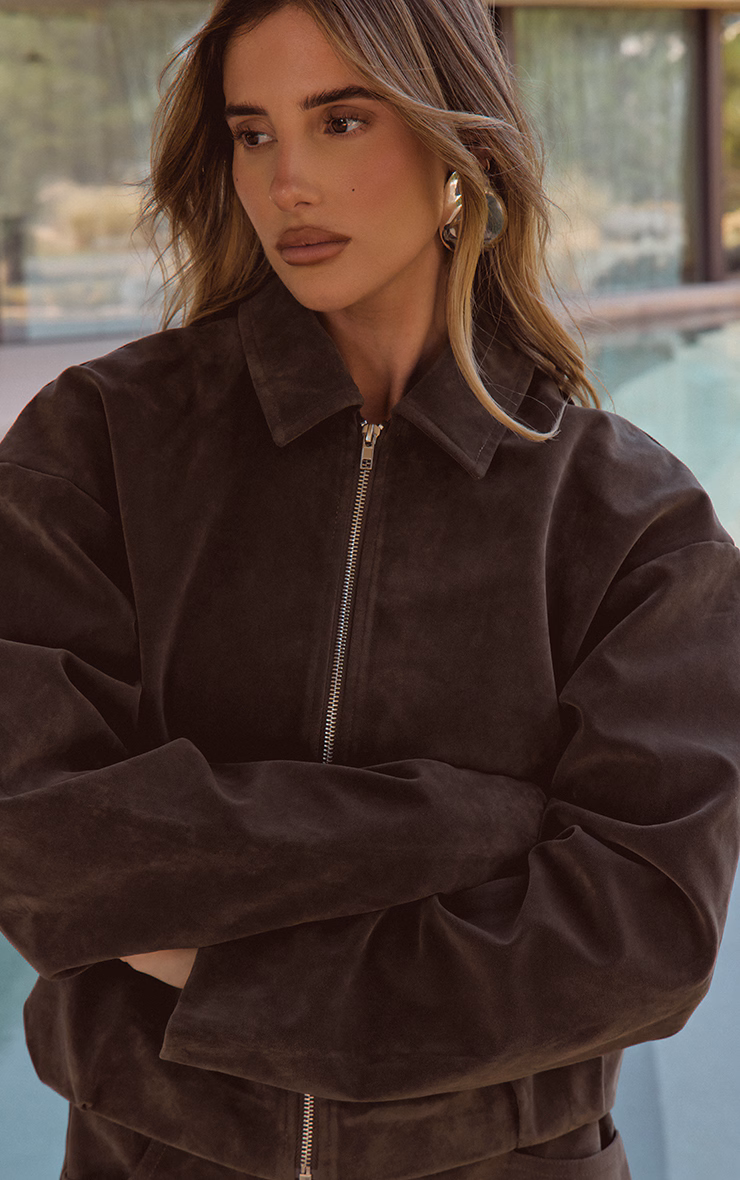 Khaki Suede Zip Up Pleated Cropped Jacket