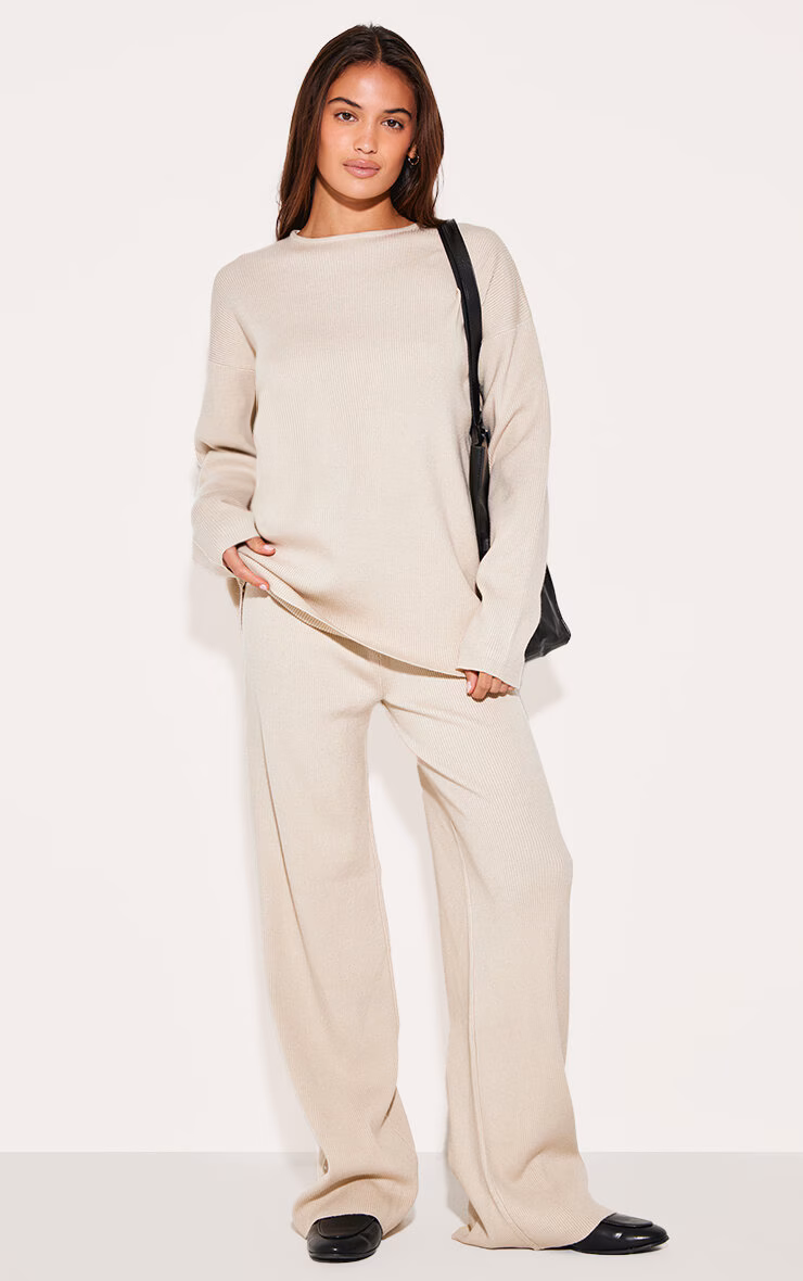 Oatmeal Light Rib Knit Wide Leg Pants