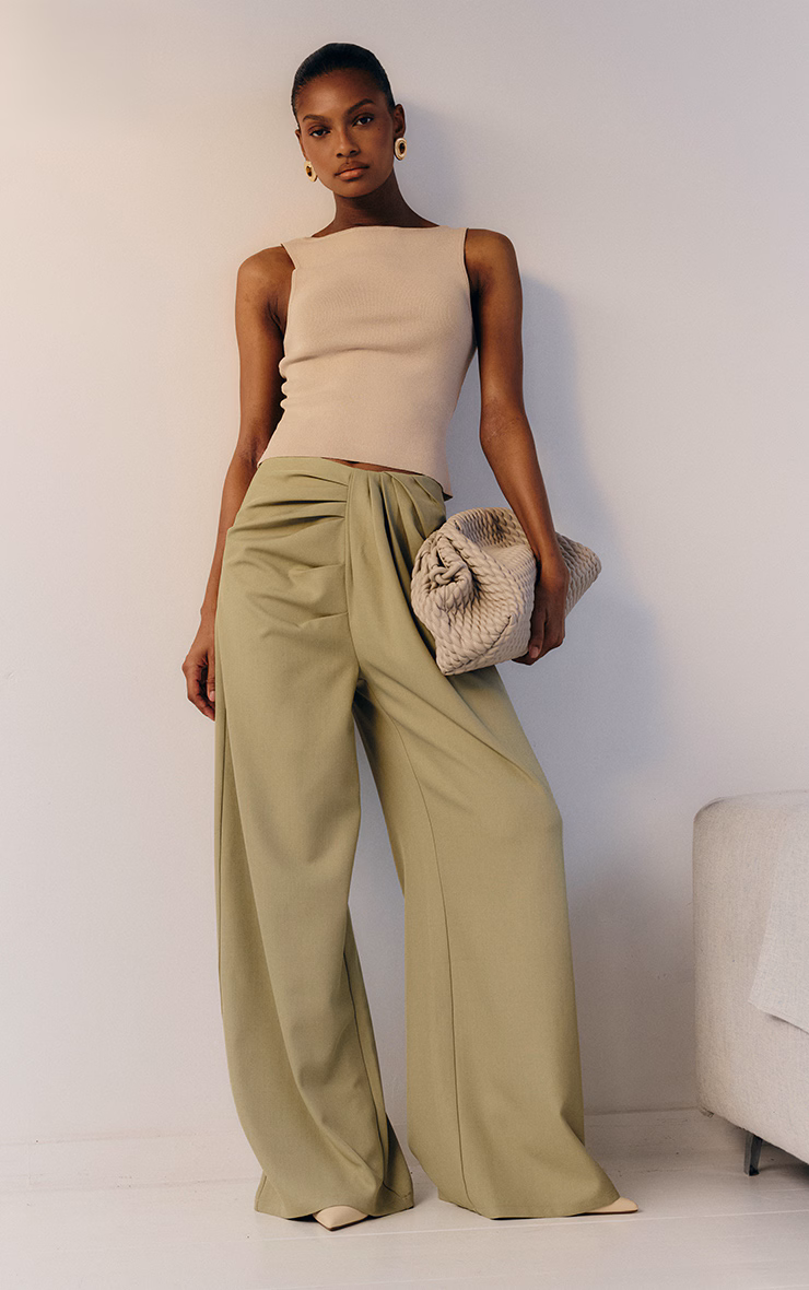 Sage Green Tailored Woven Pleat Detail Wide Leg Pants