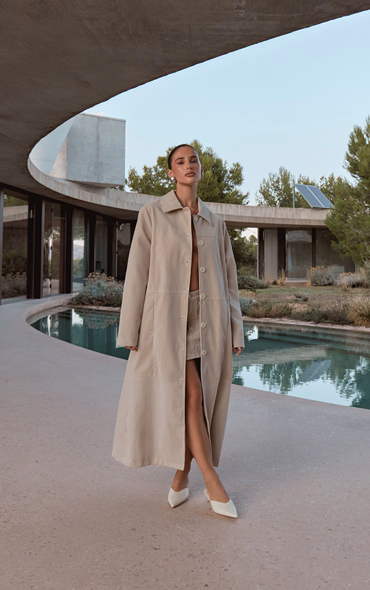 Ecru Suede Longline Button Coat