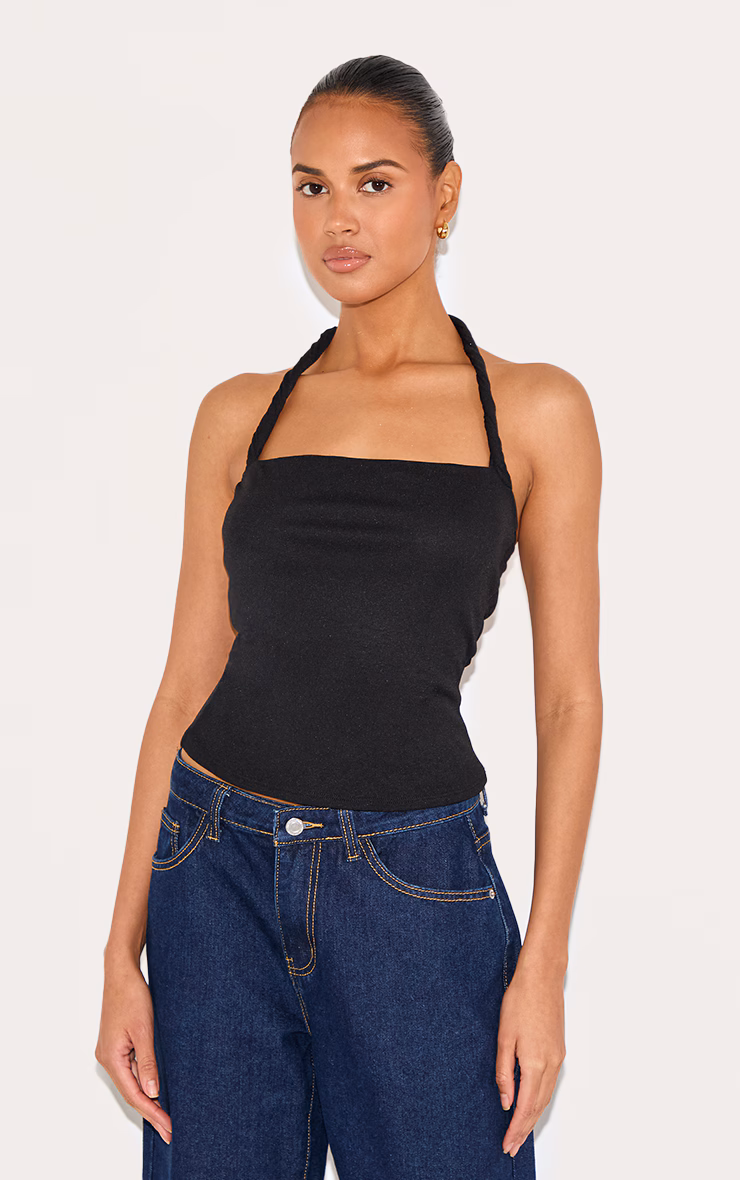 Black Burnout Mesh Twist Halter Neck Long Top