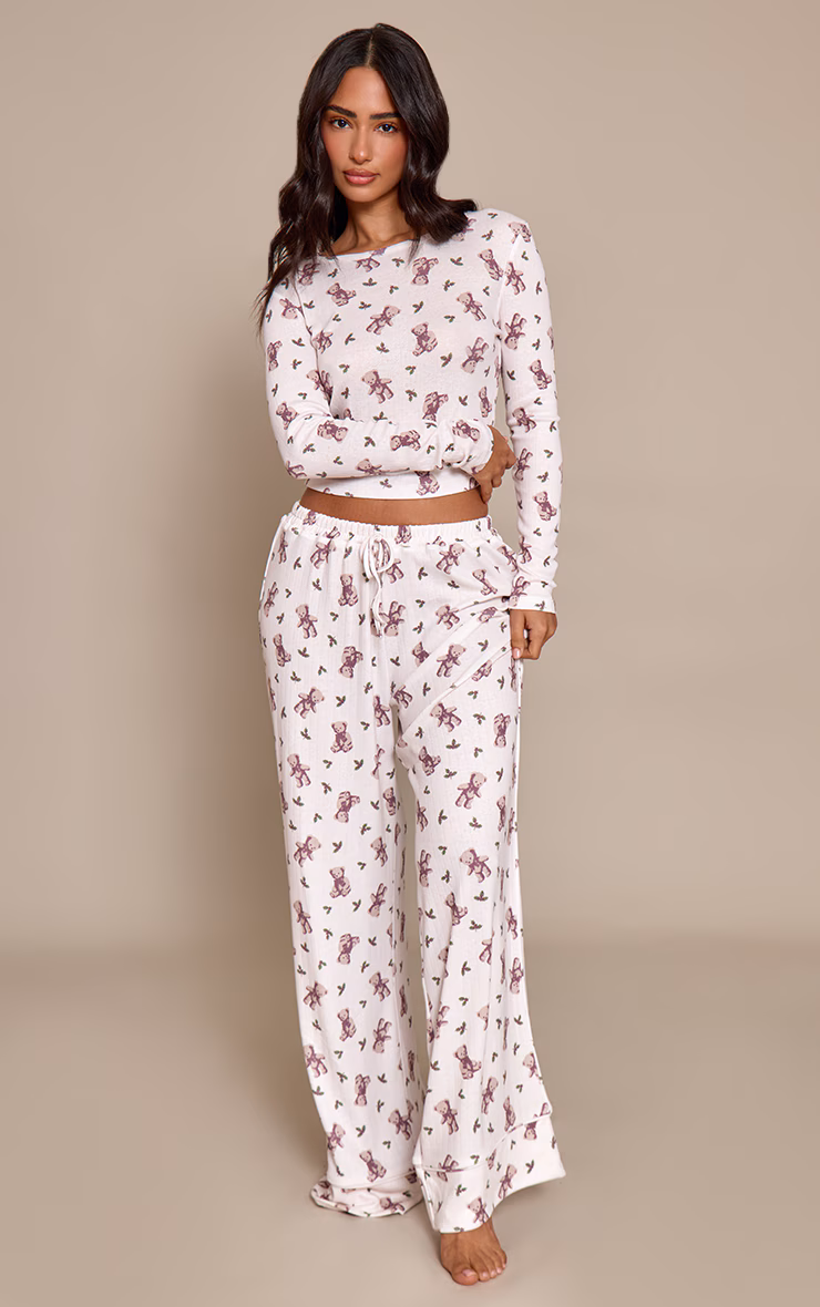 Petite Teddy Bear Printed Jersey Fitted Long Sleeve Top and Pant PJ Set