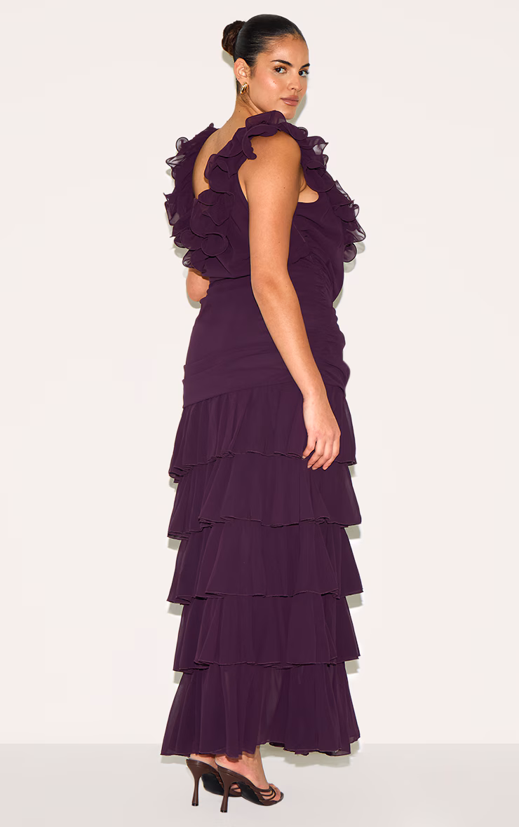 Plus Wine Chiffon Ruched Ruffle Maxi Dress