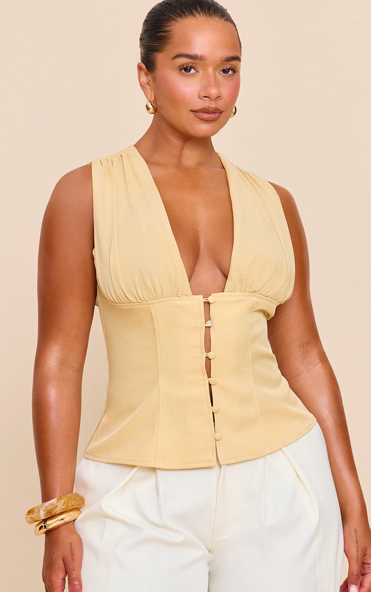 Shape Butter Yellow Plunge Front Button Detail Top