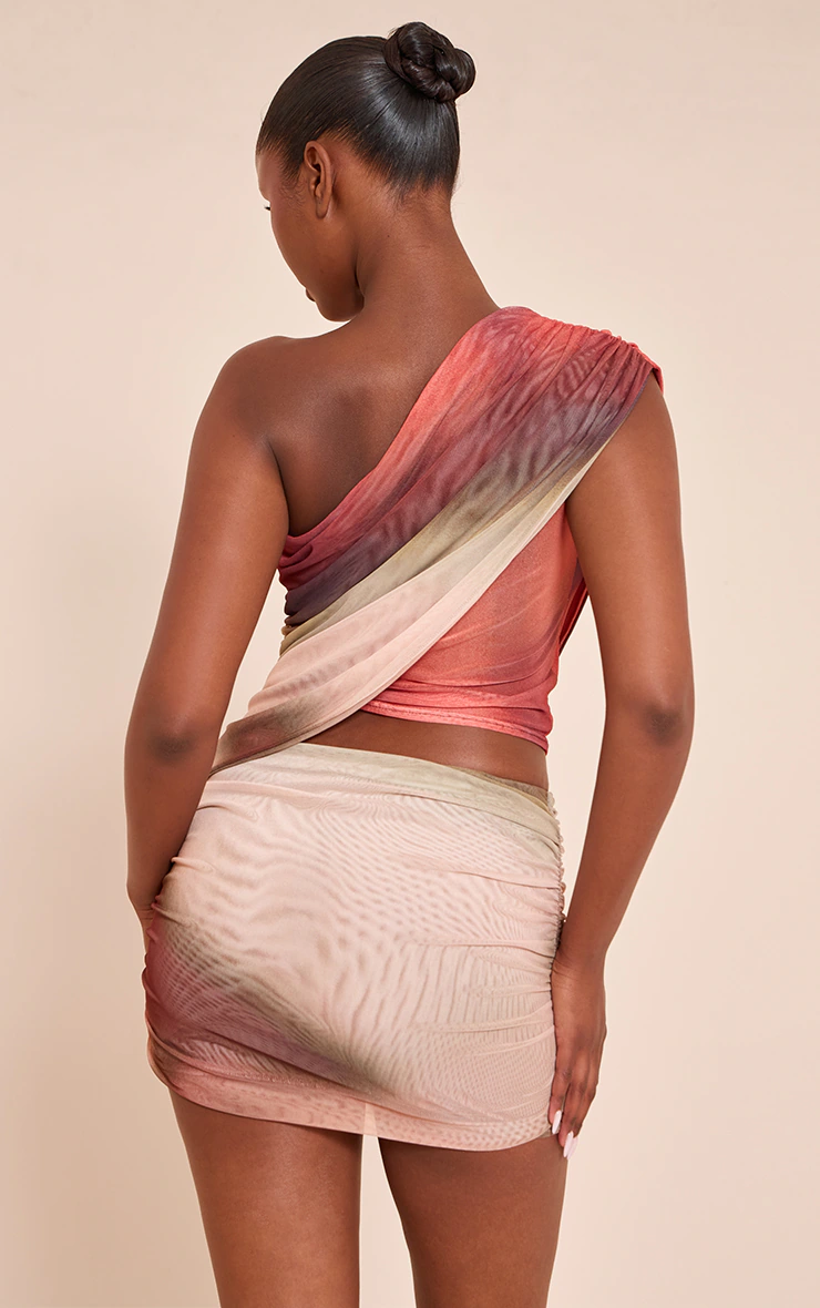 Multi Abstract Print Mesh One Shoulder Ruched Top