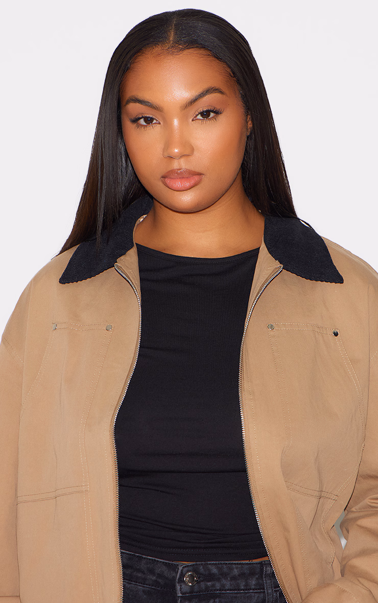 Plus Beige Contrast Collar Pocket Detail Trucker Jacket