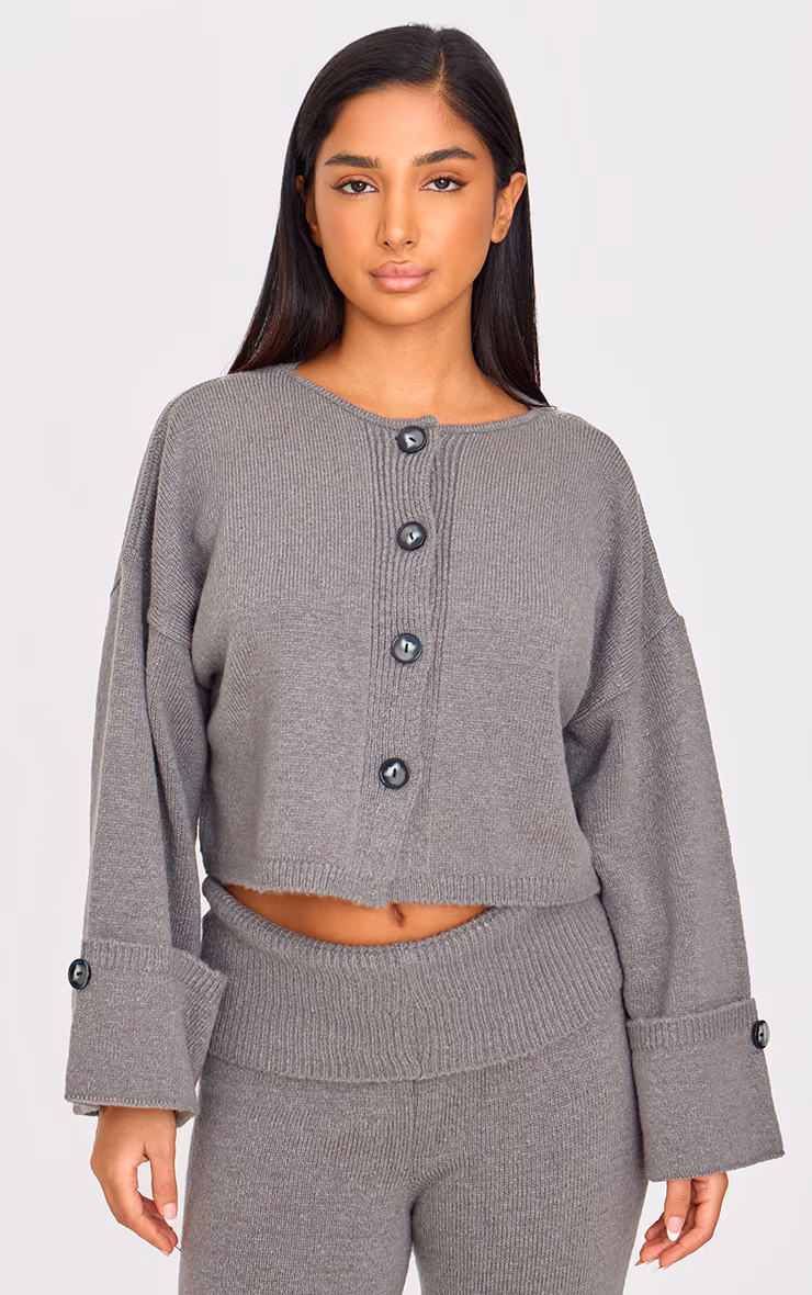Petite Ash Grey Knitted Turn Up Sleeve Cardigan