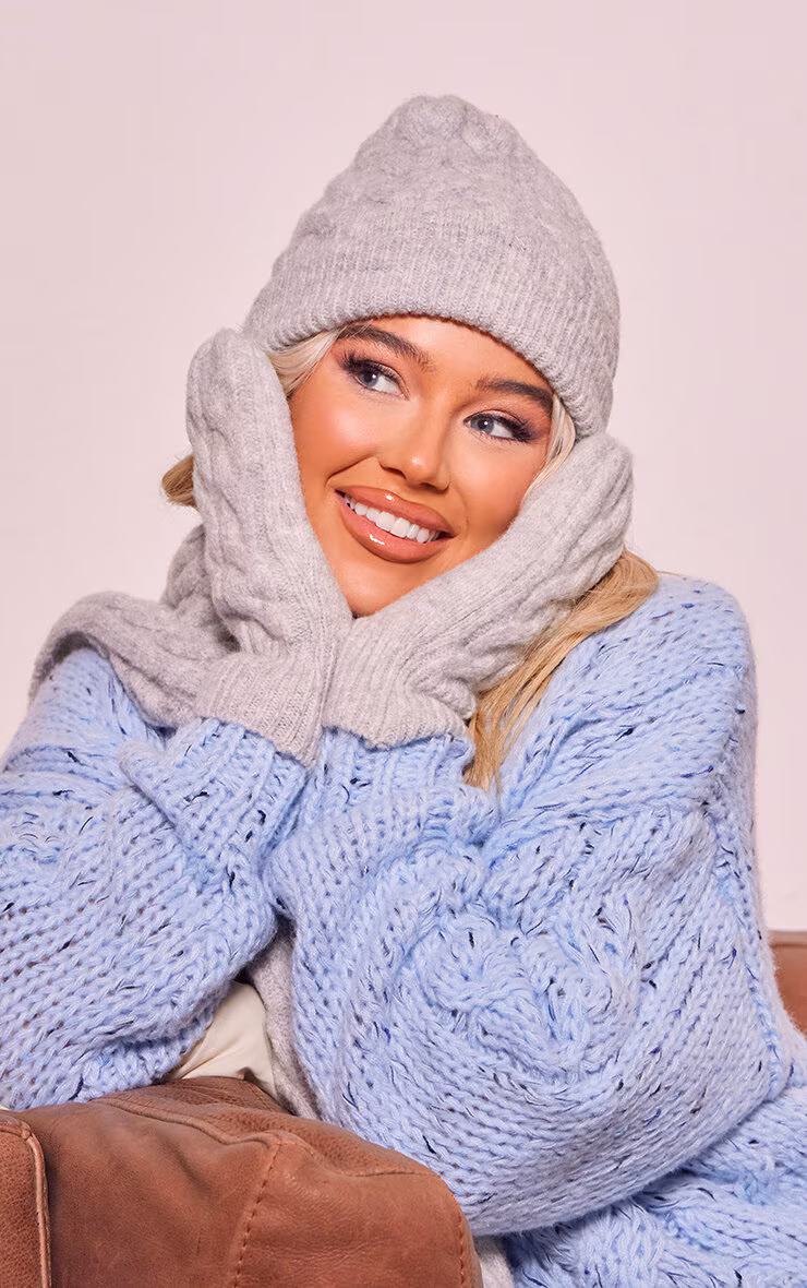 Grey Cable Knit Mittens