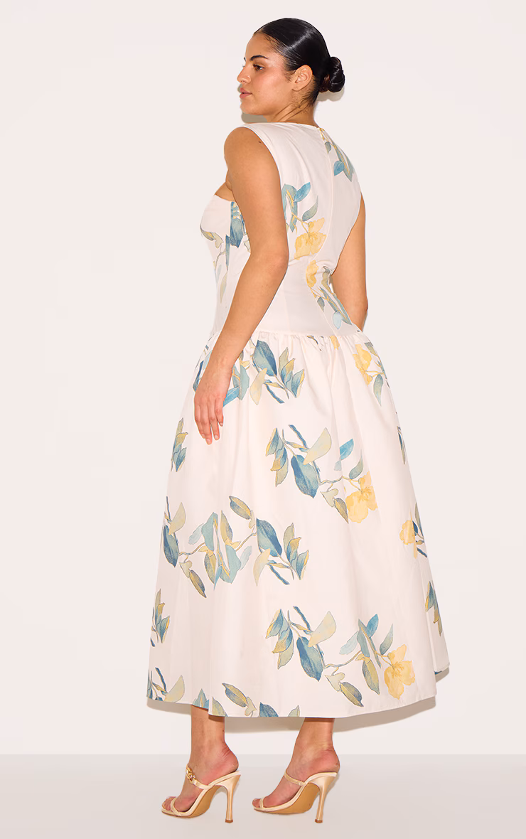 Plus Yellow Floral Printed Dropped Waist Midaxi Dress