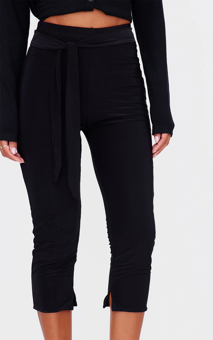 Black Double Layer Wrap Waist Capri Leggings