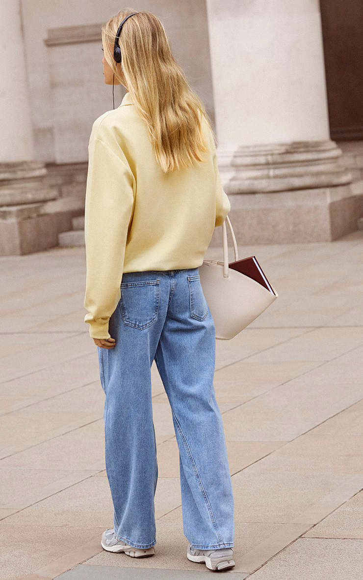 Mid Blue Wash Seam Detail Relaxed Wide Leg Jeans