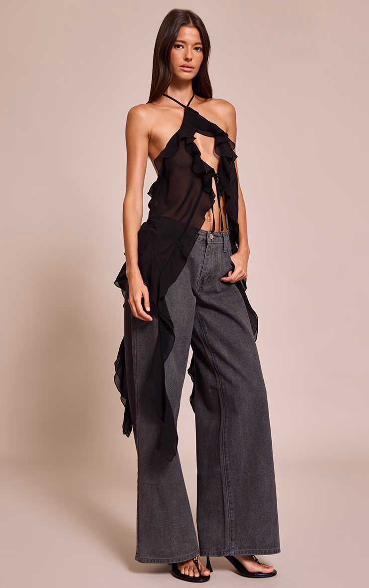 Black Chiffon Ruffle Drape Detail Longline Top