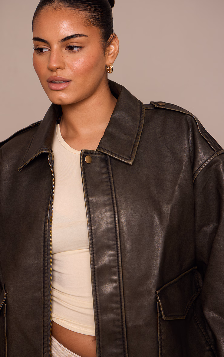 Plus Brown Washed Faux Leather Pocket Detail Bomber Jacket
