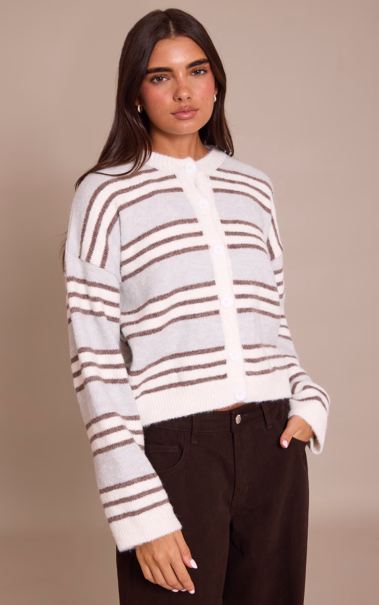 Grey Wool Blend Striped Cardigan