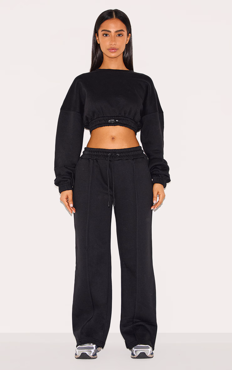 Petite Black Wide Leg Seam Detailed Sweatpants