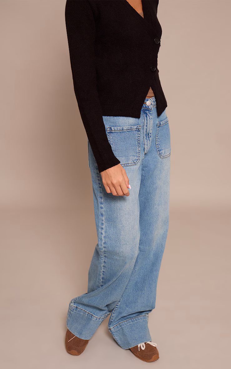 Mid Blue Wash Hem Seam Detail Front Pocket Jeans