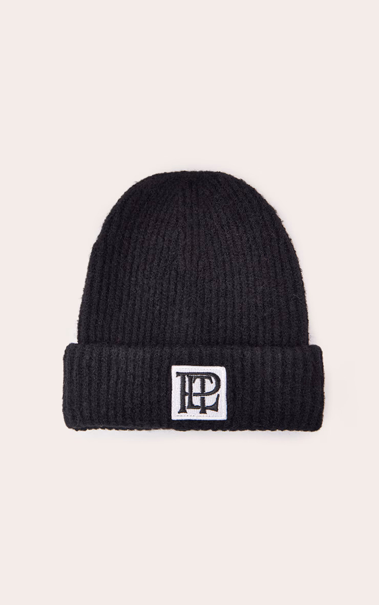 PLT Logo Black Brushed Knit Fold Over Beanie