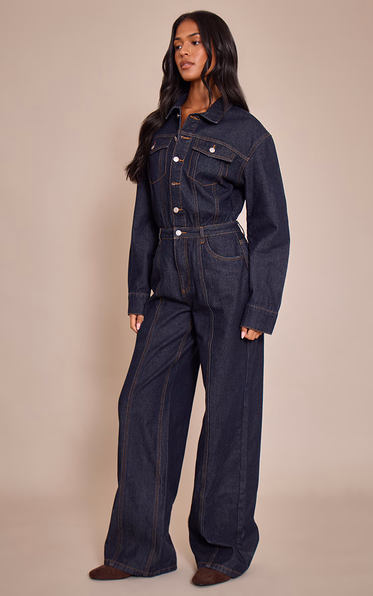 Tall Indigo Contrast Stitch Long Sleeve Denim Jumpsuit