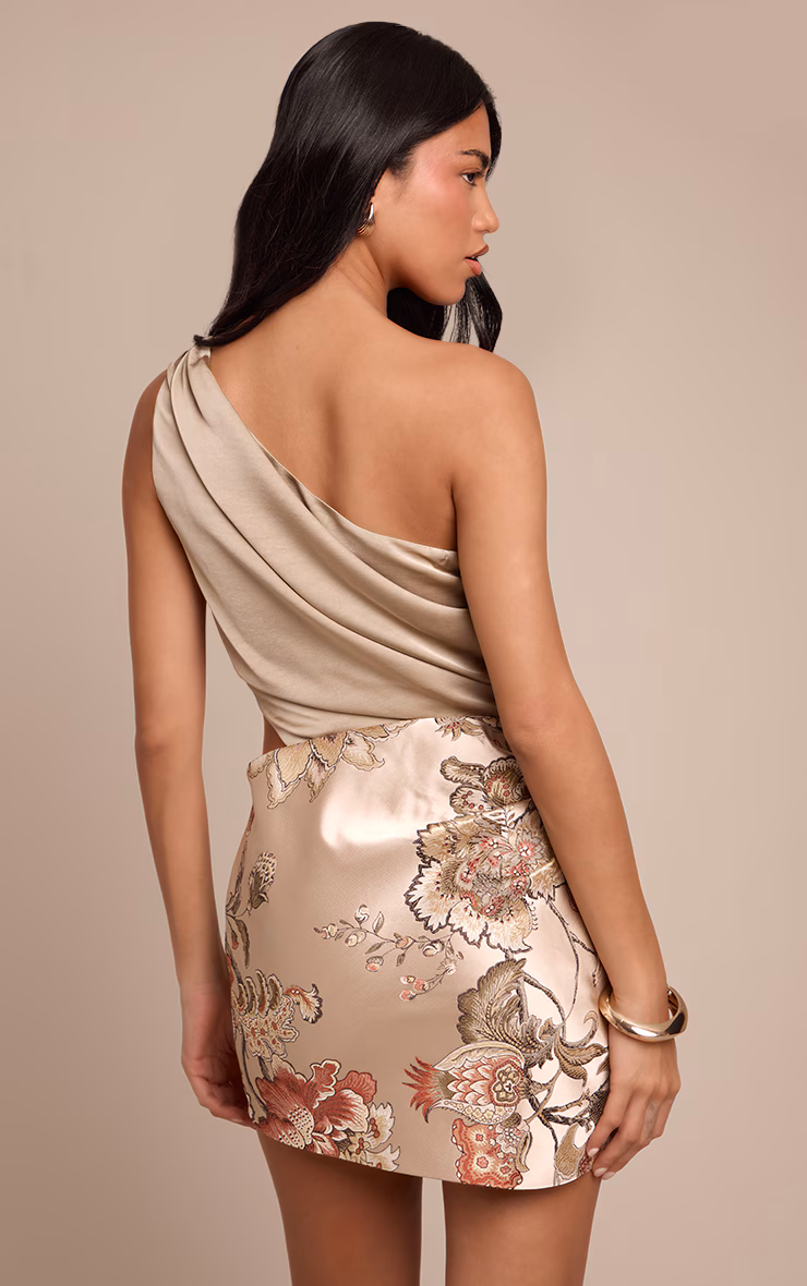 Multi Floral Jacquard Embroidered Skirt Satin Bodycon Dress