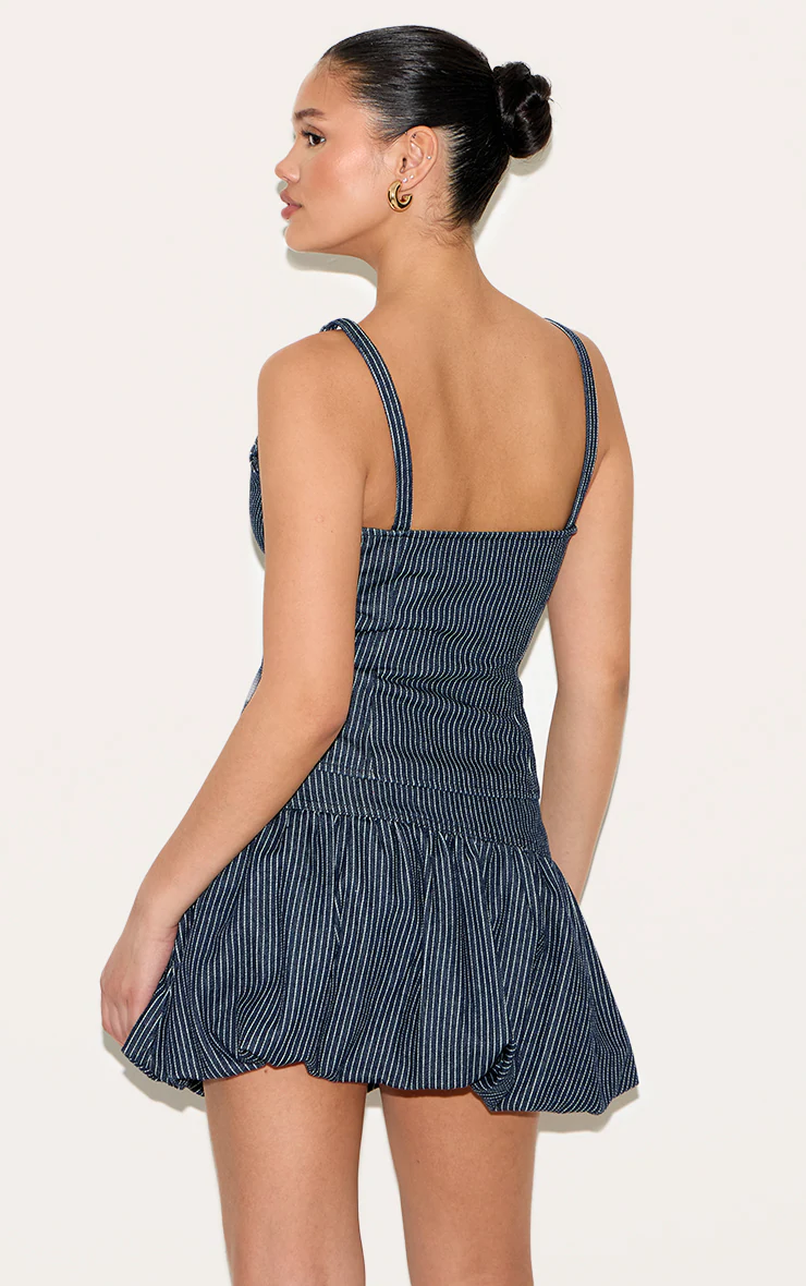 Navy Pinstripe Plunge Denim Top