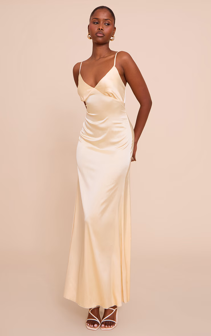 Lemon Satin Strappy Maxi Dress