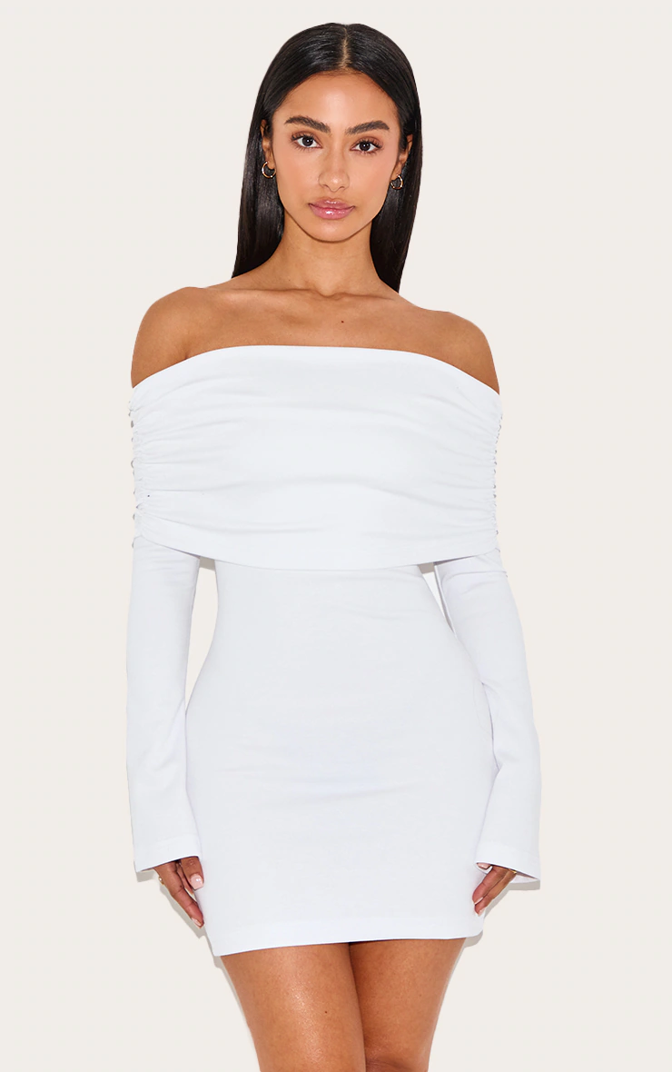 Petite White Foldover Bandeau Long Sleeve Mini Dress